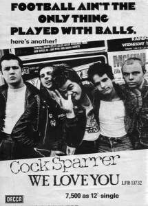 Cartel de promoción del lanzamiento del single We Love You de Cock Sparrer (Decca, 1977)