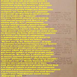 Hoja interior en la edición española del primer disco de Cock Sparrer (Decca, 1978)