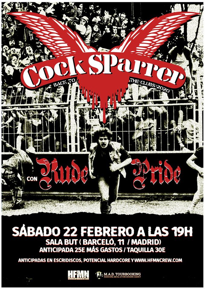 Cartel del concierto de Cock Sparrer + Rude Pride @ Sala But, Madrid, el sábado 22 de febrero de 2020