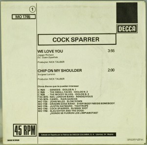 Trasera de la edición española del single We Love You de Cock Sparrer (Decca, 1977)