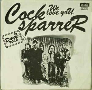 Portada de la edición española del single We Love You de Cock Sparrer (Decca, 1977)