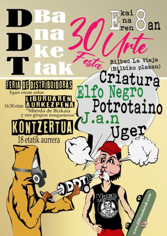 Cartel del concierto 30º aniversario de DDT con Criatura, Elfo Negro, Potrotaino, J.A.N. y Uger @ Plaza de Bilbao La Vieja el sábado 8 de junio de 2019