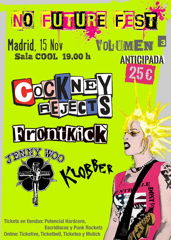 Cartel del concierto Cockney Rejects + FrontKick + Jenny Woo + Klobber @ Sala Cool, Madrid, el sábado 15 de noviembre de 2019