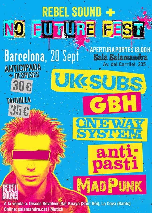 Cartel del concierto de UK Subs + G.B.H. + Anti-Pasti + One Way System + MadPunk @ Sala Salamandra, Hospitalet, el viernes 20 de septiembre de 2019