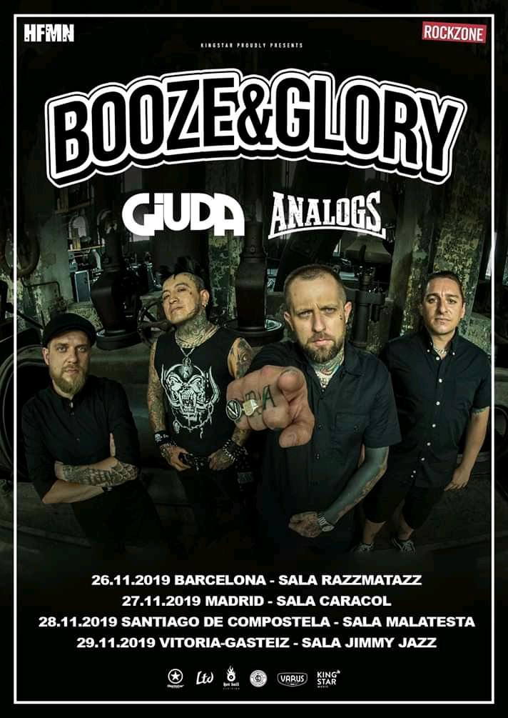 Cartel de la gira de Booze & Glory, Giuda y The Analogs con conciertos en Barcelona, Madrid, Santiago de Compostela y Vitoria-Gasteiz en noviembre de 2019