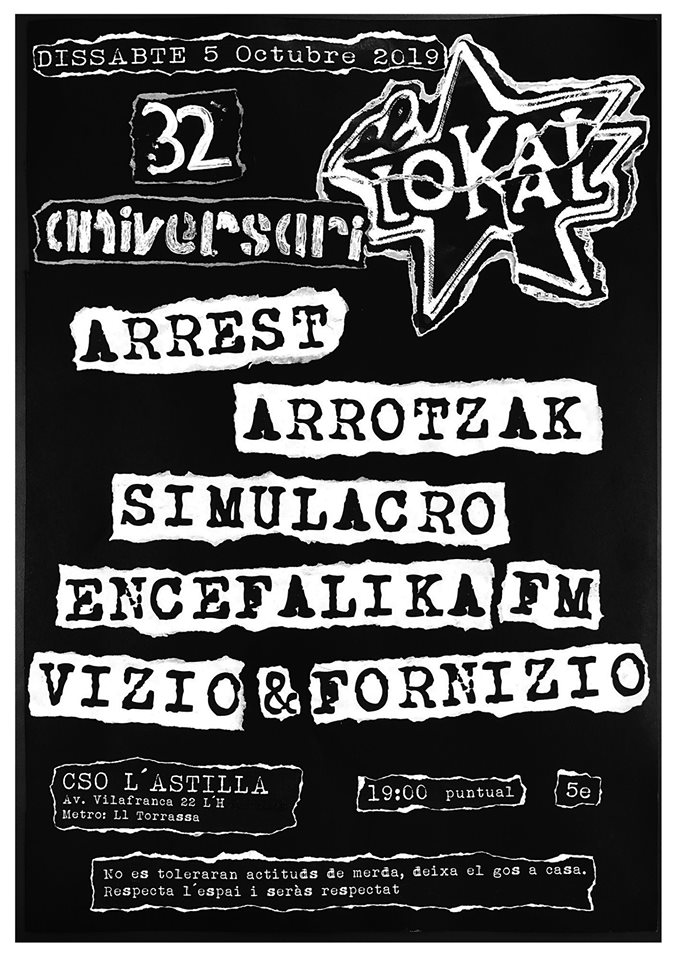 Cartel del concierto 32º aniversario de El Lokal con Arrest, Arrotzak, Simulacro, Encefalika FM y Vizio & Fornizio