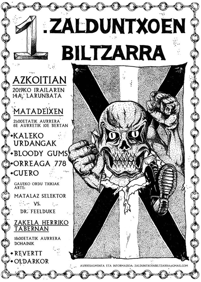 Zalduntxoen Biltzarra @ Azkoitia el sábado 14 de septiembre con Kaleko Urdangak, Bloody Gums, Orreaga 778, Cuero, Revertt y Oldarkor