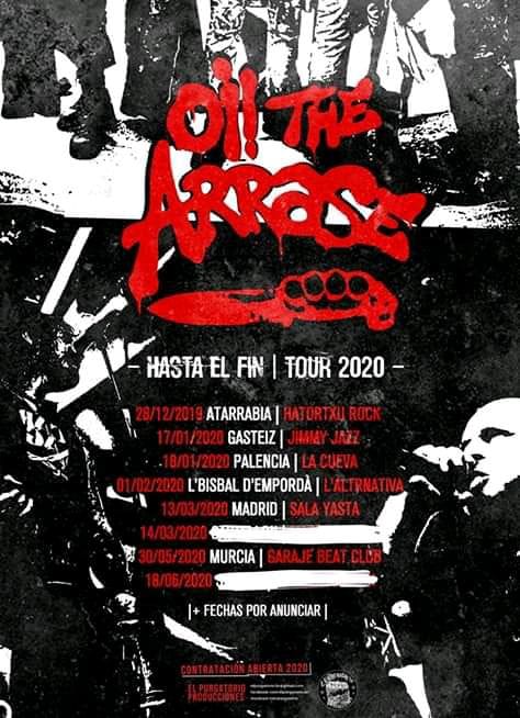 Cartel con las fechas confirmadas de la gira Hasta El Final 2020 de Oi! The Arrase