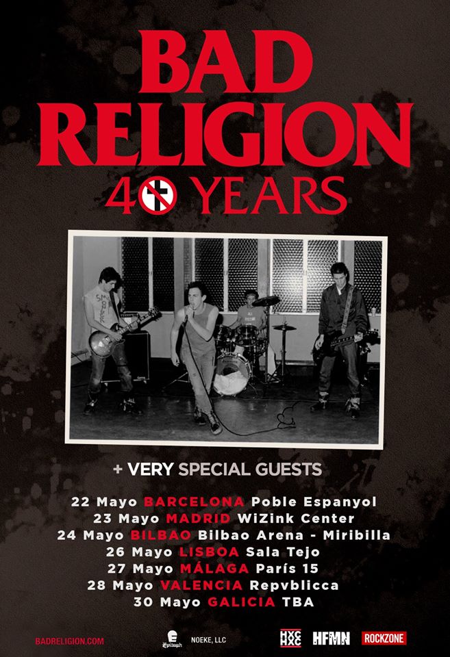 Cartel de la gira peninsular de Bad Religion en mayo de 2020 con conciertos en Barcelona, Madrid, Bilbao, Lisboa, Málaga, Valencia y Galicia