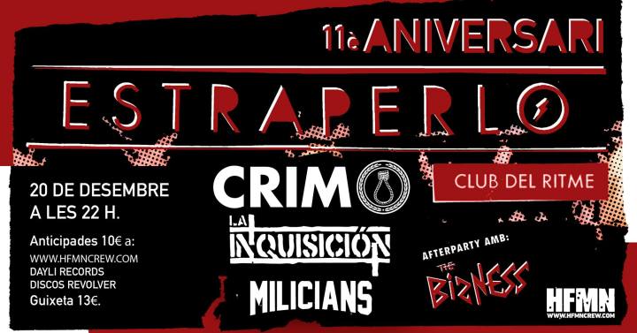 Cartel del concierto de CRIM + La Inquisición + Milicans @ Estraperlo Club, el 20 de diciembre de 2019