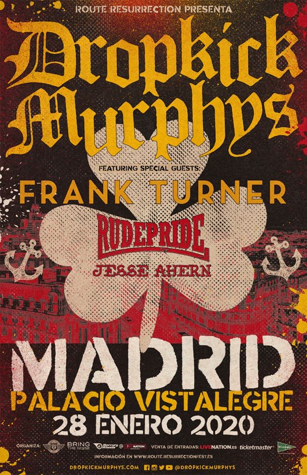 Cartel del concierto de Dropkick Murphys en Madrid el 28 de enero de 2020