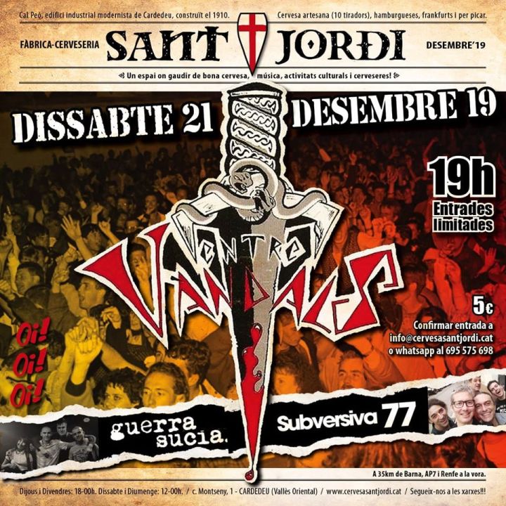 Cartel del concierto Entre Vandals + Guerra Sucia + Subersiva 77 @ Fábrica Cervesa Sant Jordi para el sábado 21 de diciembre de 2019