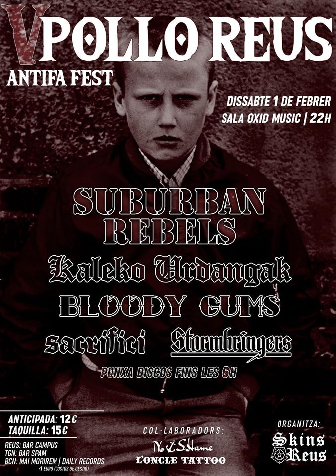 Cartel del V Pollo Reus Antifa Fest con Suburban Rebels, Kaleko Urdangak, Bloody Gums, Sacrifici, Stormbringers