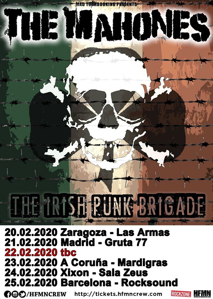Cartel de la gira de The Mahones con conciertos en Zaragoza, Madrid, A Coruña, Xixón y Barcelona en febrero de 2020