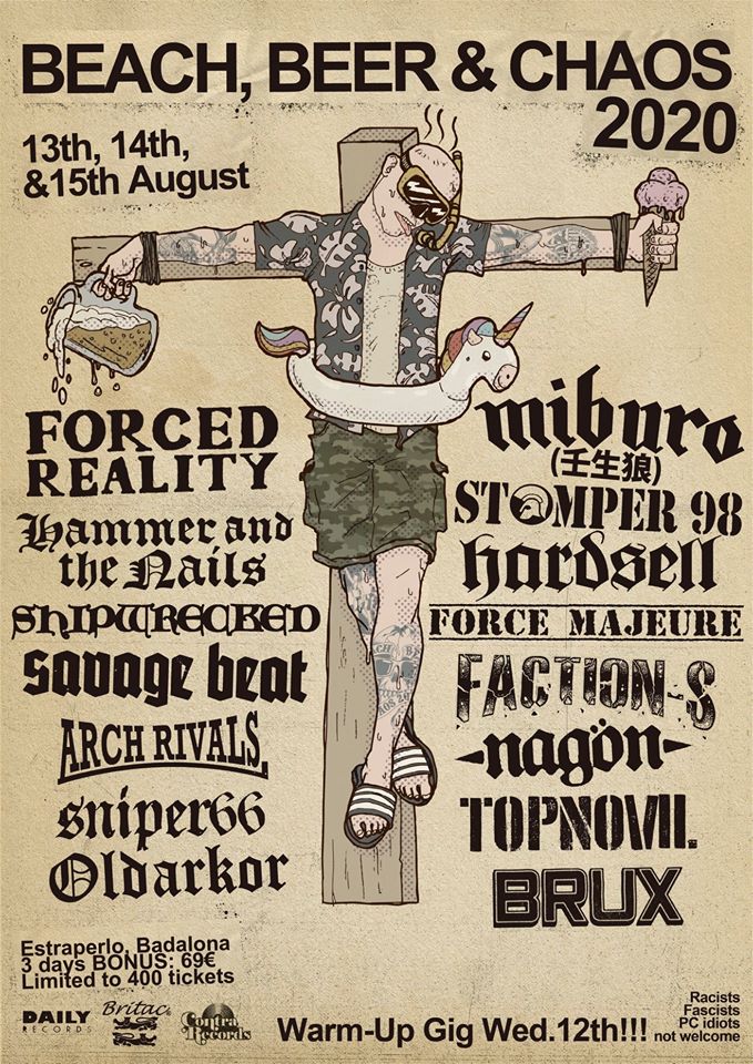 Cartel del festival Beach, Beer & Chaos 2020 que se celebra del 12 al 15 de agosto de 2020 en el Estraperlo de Badalona