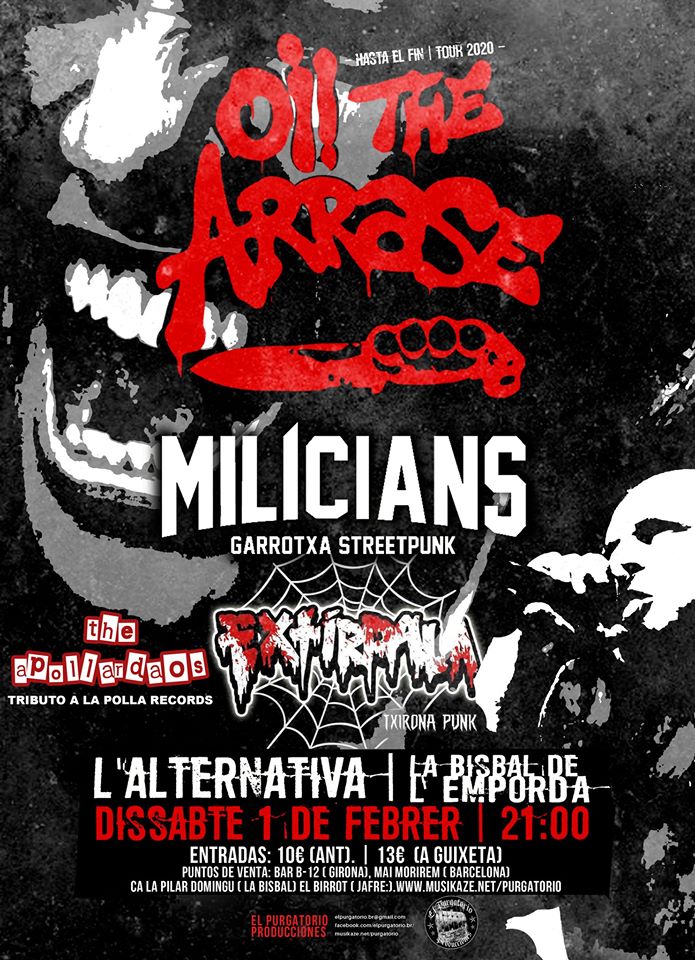 Cartel del concierto de Oi! the Arrase, Milícians y Extírpala @ L'Alternativa, La Bisbal de L'Empordà el sábado 1 de febrero de 2020