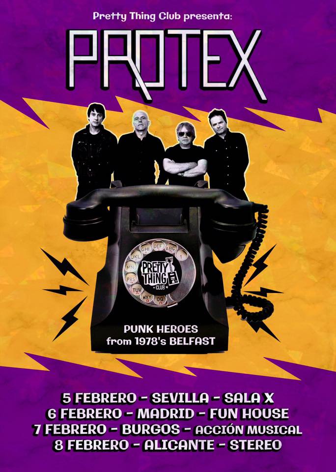 Cartel de la gira de Protex con conciertos en Sevilla, Madrid, Burgos y Alicante en febrero de 2020