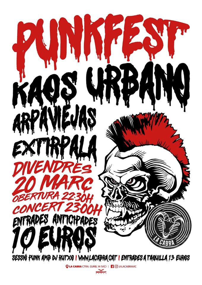 Cartel del PunkFest con Kaos Urbano, Arpaviejas y Extirpala @ Sala La Cabra, Vic (Barcelona), el viernes 20 de marzo de 2020