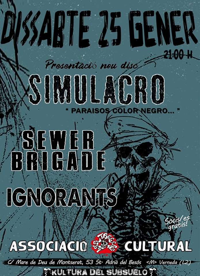 Cartel del concierto de Simulacro + Sewer Brigade + Ignorants @ Sant Adrià de Besòs, el sábado 25 de enero de 2020