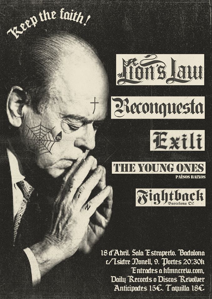Cartel del concierto de Lion's Law + The Young Ones + Reconquesta + Exili + Fightback @ Estraperlo, Badalona, el sábado 18 de abril de 2020