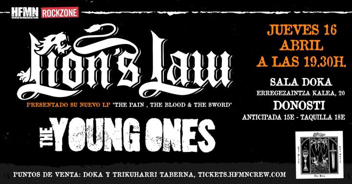 Cartel del concierto de Lion's Law + The Young Ones @ Doka Kafe Antzokia, Donosti, el jueves 16 de abril de 2020