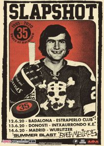 Cartel de la gira de Slapshot con conciertos en Badalona, Donosti y Madrid en junio de 2020