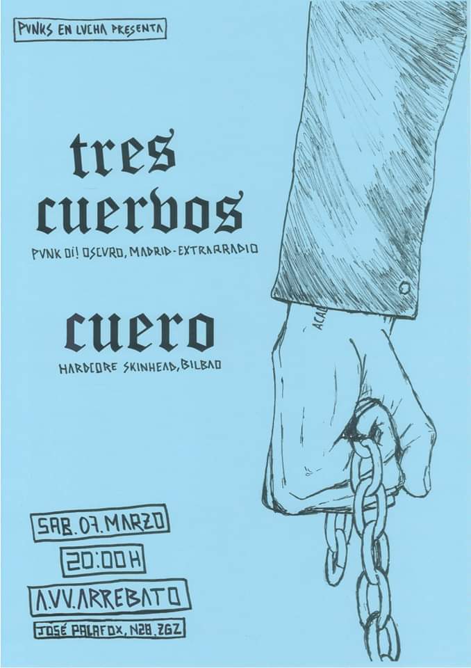Cartel del concierto de Cuero + Tres Cuervos @ Arrebato, Zaragoza, el sábado 7 de marzo de 2020