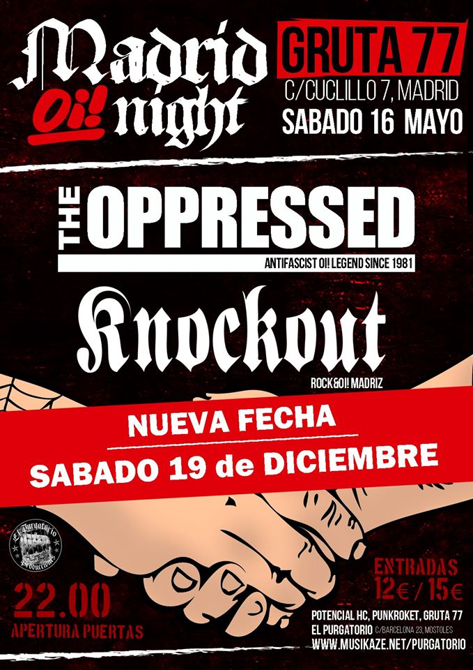 Cartel del concierto de The Oppressed y KnockOut en Gruta 77 (Madrid) el sábado 19 de diciembre de 2020