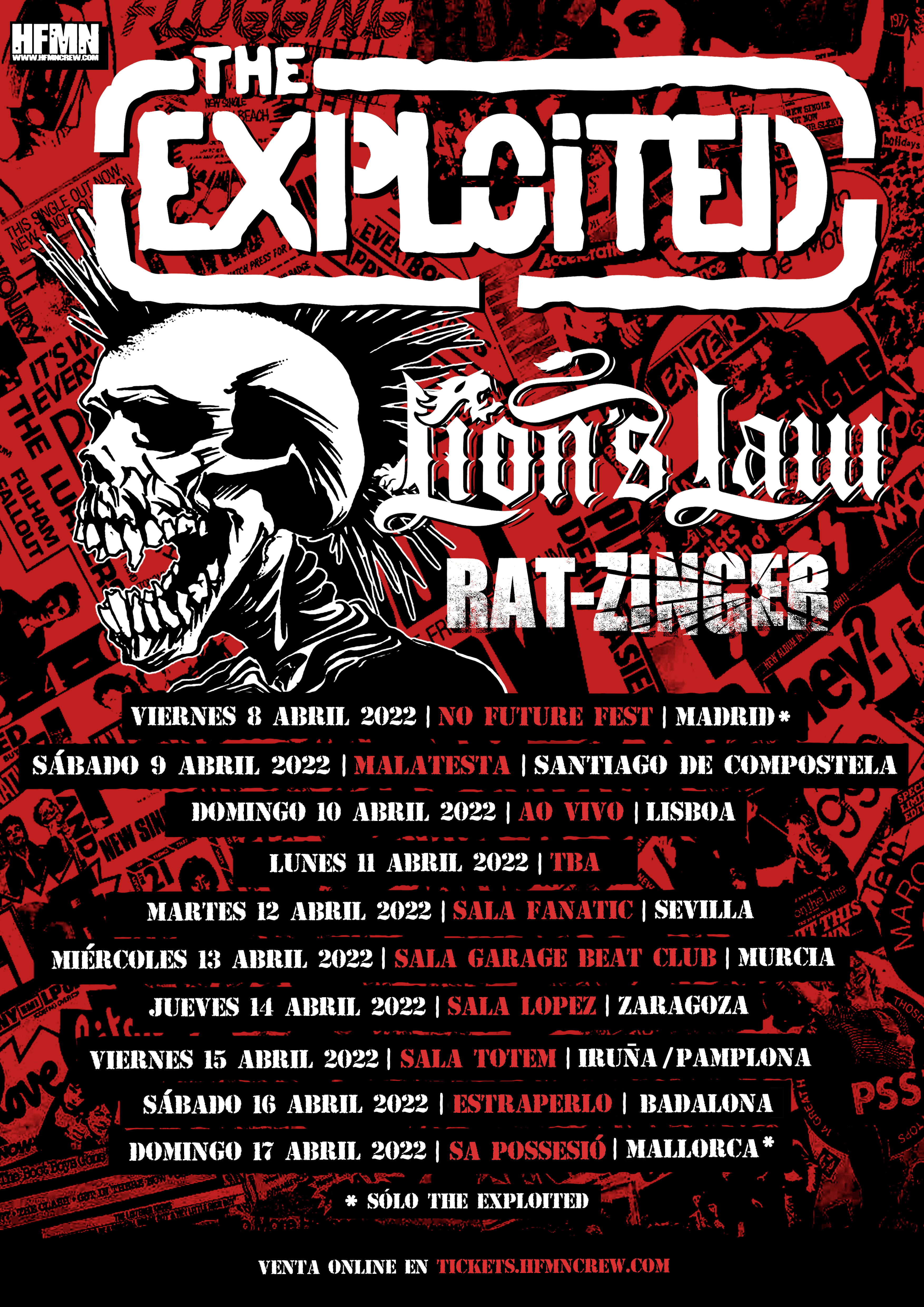 Cartel de la gira The Exploited, Lion's Law y Rat-Zinger en abril de 2022